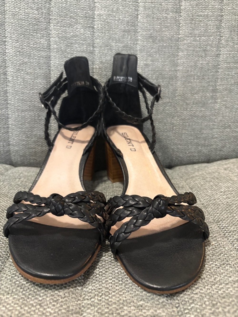 Braided Black Leather Block Heel Sandals with Ankle Strap